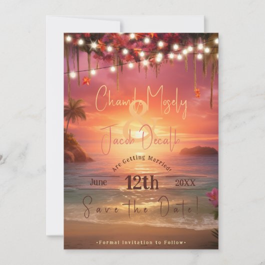 Tropische Zonsondergang String Lights Strand Bruil Save The Date (Voorkant)