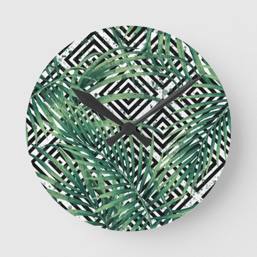 Tropische zwart-wit geometrie ronde klok (Voorkant)