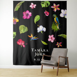 Tropische Zwarte Bloemen Roze Fotohokje Achtergron Wandkleed