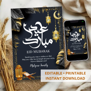 Tropische Zwarte en Gouden Blad Eid Mubarak Kaart