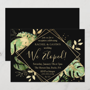 Tropische zwarte en gouden 'We Eloped' receptie Kaart