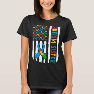 Trots Autisme Zuster USA Vlag Puzzel Stuk Autisme  T-shirt