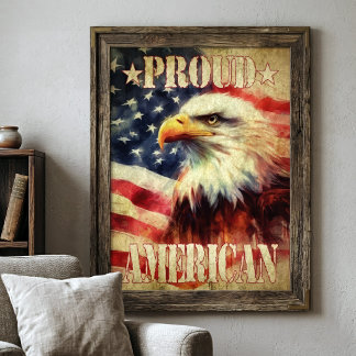 Trotse Amerikaan. Amerikaanse Zeearend en Vlag van Foto Afdruk