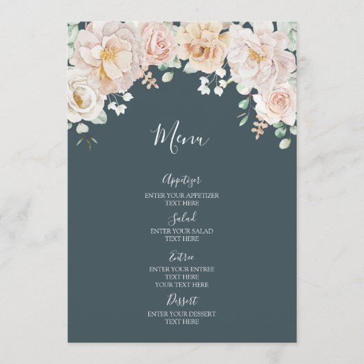 Trotse Bloemige Navy Blauwe Trouwmenu Menu (Voorkant)