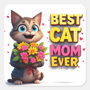 Trotse Kattenmoeder Met Mooie Bloem Kitty 🐱 Vierkante Sticker