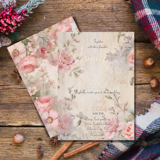 Trotse shabby chic roze bloemige trouw folie uitnodiging