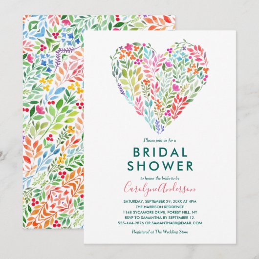 Trotse Waterverf Bloemhartige Bruidsdouche Kaart (Voorkant / Achterkant)