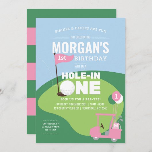 Trou de golf rose en une invitation d'anniversaire (Devant / Derrière)