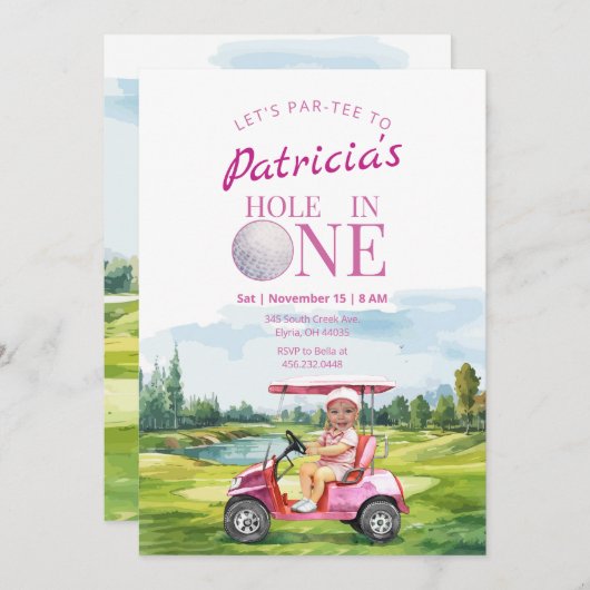 Trou en un rose 1er anniversaire Invitation photo (Devant / Derrière)