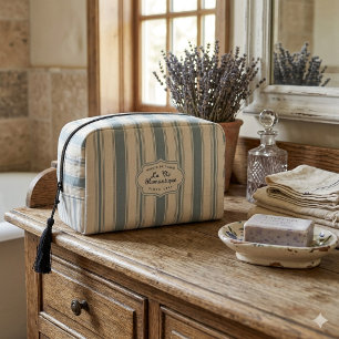 Trousse De Toilette Bleu vintage et rayures crème, style campagne fran