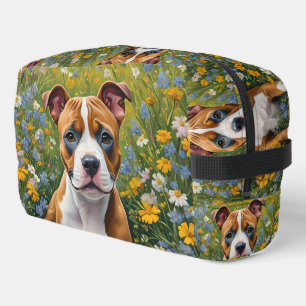 Trousse De Toilette Brown Et Blanc Staffordshire Puppy Acrylique Art,
