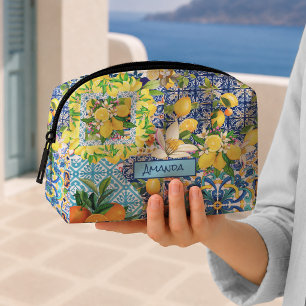 Trousse De Toilette Carreaux floraux de citrouille siciliens turquoise