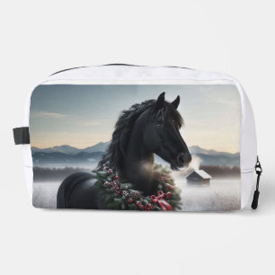 Trousse De Toilette Cheval noir dans la neige avec couronne de Noël