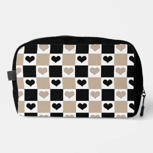 Trousse De Toilette Cœurs damier en taupe, noir et blanc