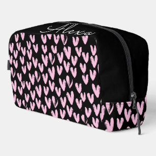 Trousse De Toilette Coeurs Roses Sur Noir Avec Nom Personnalisé