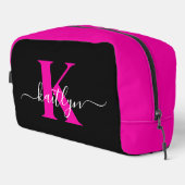 Trousse De Toilette Élégant Noir Hot Rose Script Monogramme (Coin droit)