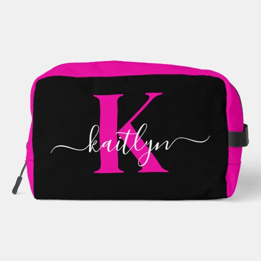 Trousse De Toilette Élégant Noir Hot Rose Script Monogramme (Verso)