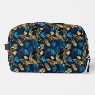TROUSSE DE TOILETTE FEUILLES DE PALMIERS TROPICAUX BLEU & OR