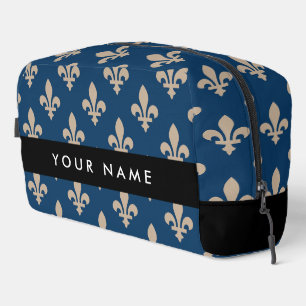 Trousse De Toilette Fleur de Lis, Beige sur Bleu Nuit, Royal, Votre No