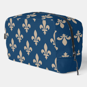 Trousse De Toilette Fleur de Lis Motif, Royal French, Crème sur Blue
