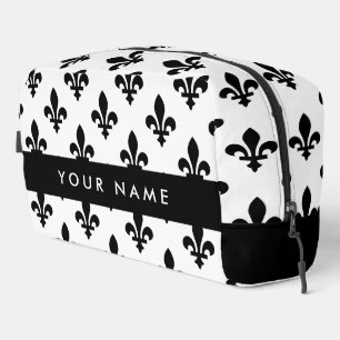 Trousse De Toilette Fleur de Lis, Noir sur Blanc, Noir, Votre Nom