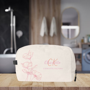 Trousse De Toilette Fleur sauvage ligne art rose crème nom monogramme
