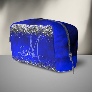 Trousse De Toilette Joli bleu royal argent faux paillettes monogramme 
