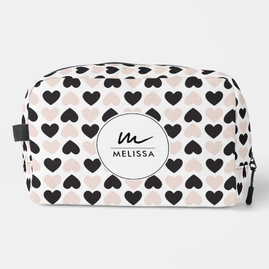 Trousse De Toilette Moderne Blush rose noir Coeurs d'amour Monogramme (Recto)