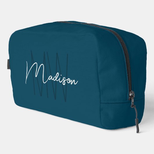 Trousse De Toilette Moderne Monogramme Nom Script Bleu (Coin droit)