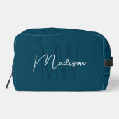 Trousse De Toilette Moderne Monogramme Nom Script Bleu (Verso)