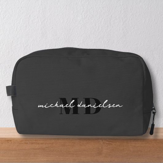Trousse De Toilette Monogramme initial du script noir et blanc moderne