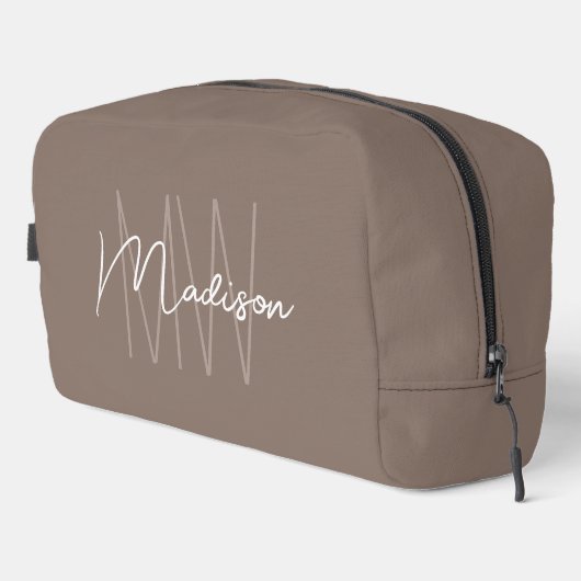 Trousse De Toilette Monogramme Moderne Nom Script Taupe (Coin droit)