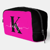 Trousse De Toilette Monogramme moderne rose noir écriture script (Coin droit)