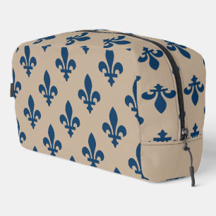 Trousse De Toilette Motif Fleur de Lis, Bleu Royal Français sur Crème