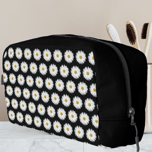 Trousse De Toilette Motif floral marguerrier blanc sur noir
