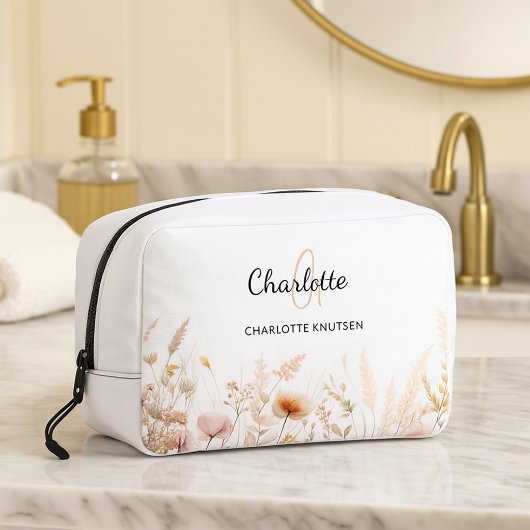 Trousse De Toilette Nom monogramme fleur sauvage beige rose