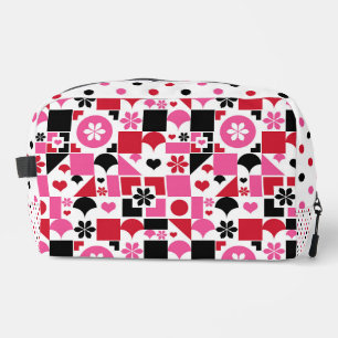 TROUSSE DE TOILETTE ROSE ROUGE ET NOIR FORMES ET POINTS GÉOMÉTRIQUES