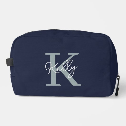 Trousse De Toilette Script Monogramme bleu marine moderne (Recto)