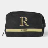 Trousse De Toilette Tissu en cuir noir Trim or Monogramme Nom (Verso)