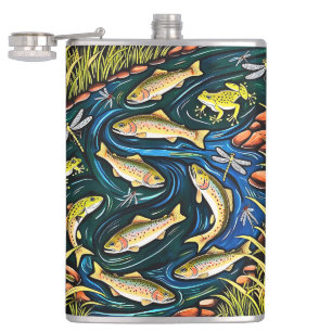Trout Stream Harmony - Folk Art Vis, Kikkers Heupfles