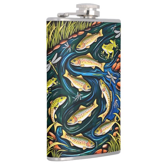 Trout Stream Harmony - Folk Art Vis, Kikkers Heupfles (Rechts)