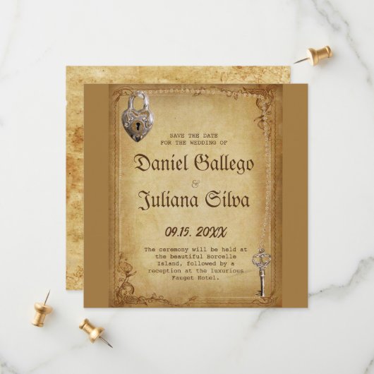 Troutse bruiloft met vintage gotische skeletsleute save the date (Voorkant / Achterkant in situ)