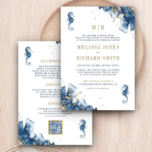 Troutse Navy Monogram Zeepaard QR Code Trouwkaart Kaart