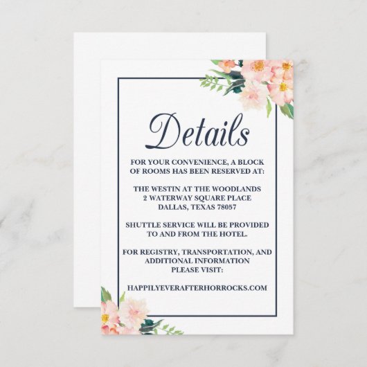 Trouw accommodatiekaart met marineblauw en bloemen informatiekaartje (Voorkant / Achterkant)
