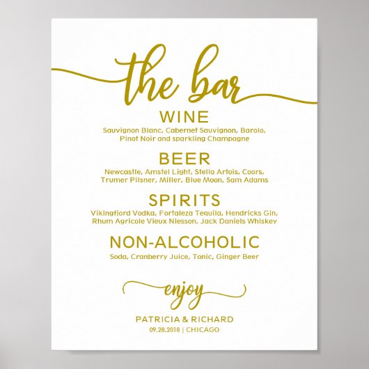 Trouw Bar Menu Bord Rustic Chic Calligrafie Goud Poster (Voorkant)