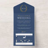 Trouw blauw wit goud ovaal bladeren monogram alles all in one uitnodiging (Binnen)