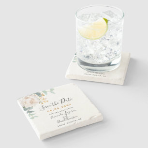 Trouw bloemige eucalyptus groen blijf datum in het stenen onderzetter