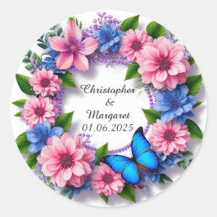 Trouw bloemstuk met kleurrijke bloemen ronde sticker