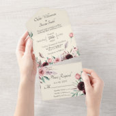 Trouw Blush Roze en Burgundy Bloemrozen Crème All In One Uitnodiging (Afscheurbaar)