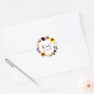 Trouw Bruidsfeest Zonnebloem Rozen Burgundy Ronde Sticker